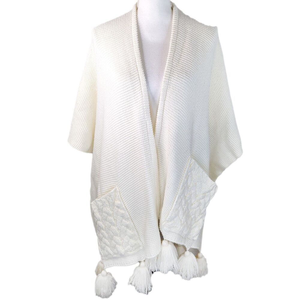 Cynthia Rowley Ivory Knit Poncho Wrap Shawl Fringe Tassels Pom Poms Womens OS